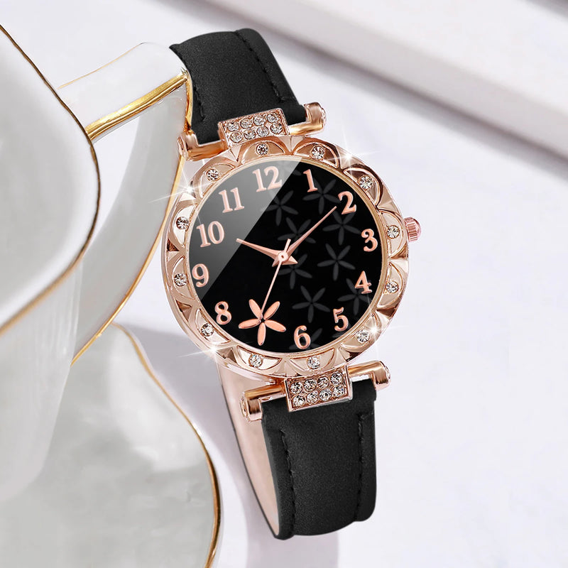 Conjunto de Relógio Feminino Flor Dial e Pulseiras de Joias Folheadas a Ouro 18